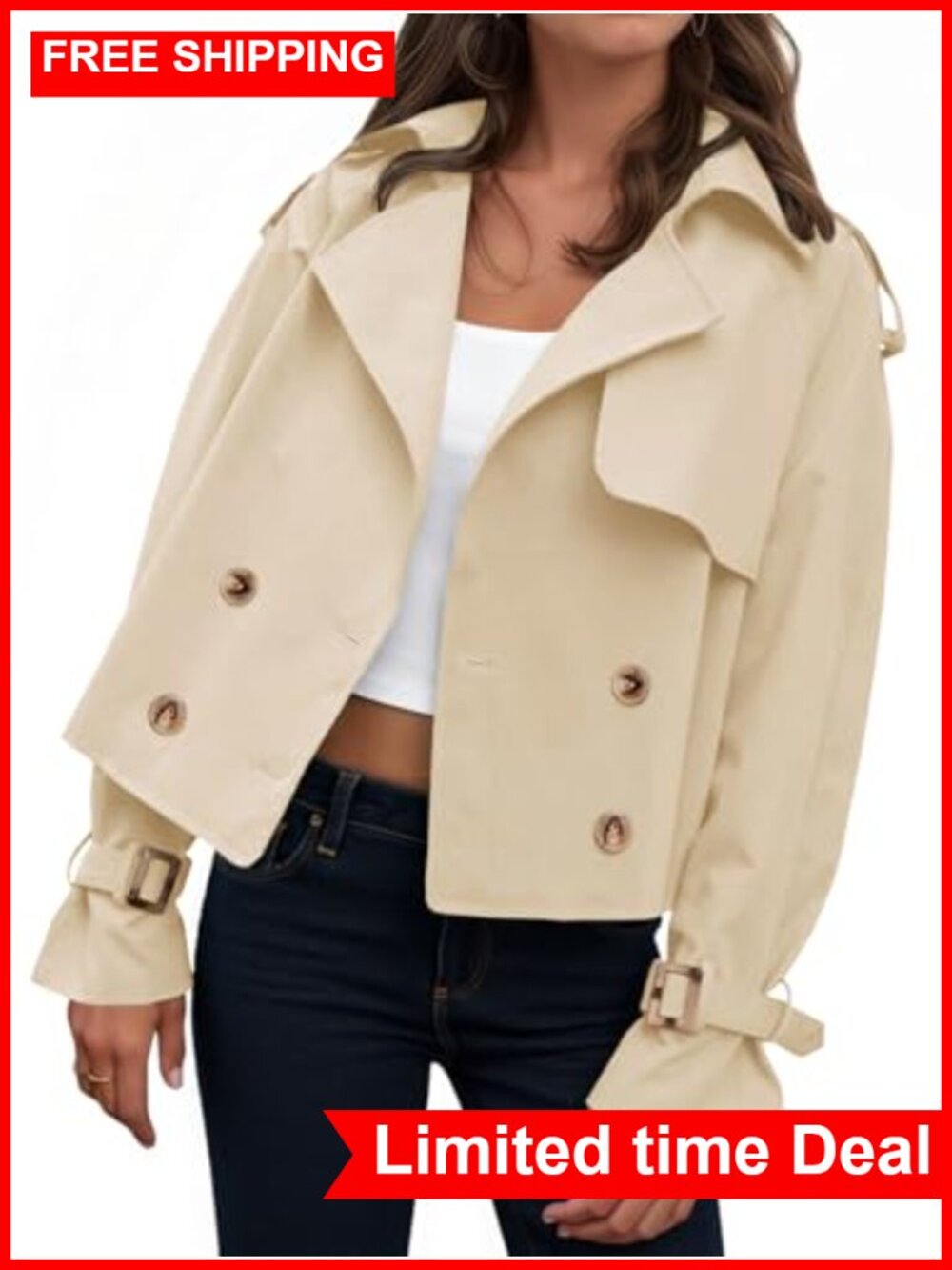 Cropped Trench Coat Oversized Double Breasted Lapel Short Jacket